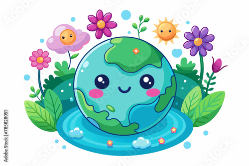 Charming cartoon planet adorned with vibrant flowers on a pristine white background.