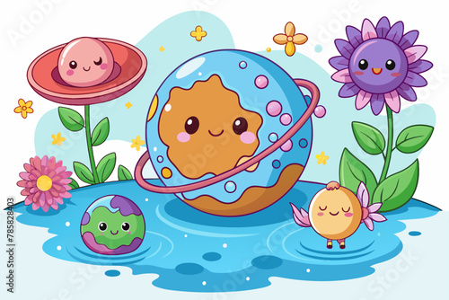 Cute cartoon planets adorned with blooming flowers dance against a pristine white backdrop.