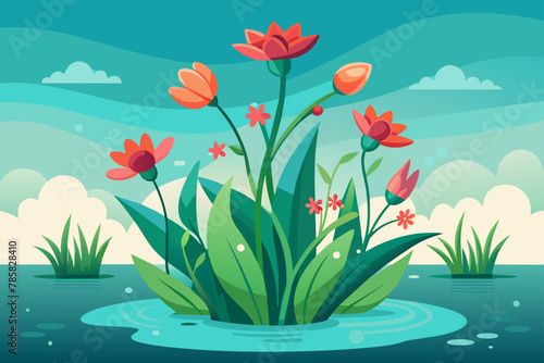 A charming plant with vibrant flowers thrives against a tranquil water background.