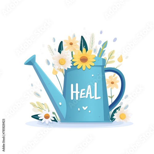 Watering can with flowers. Vector illustration in cartoon flat style.