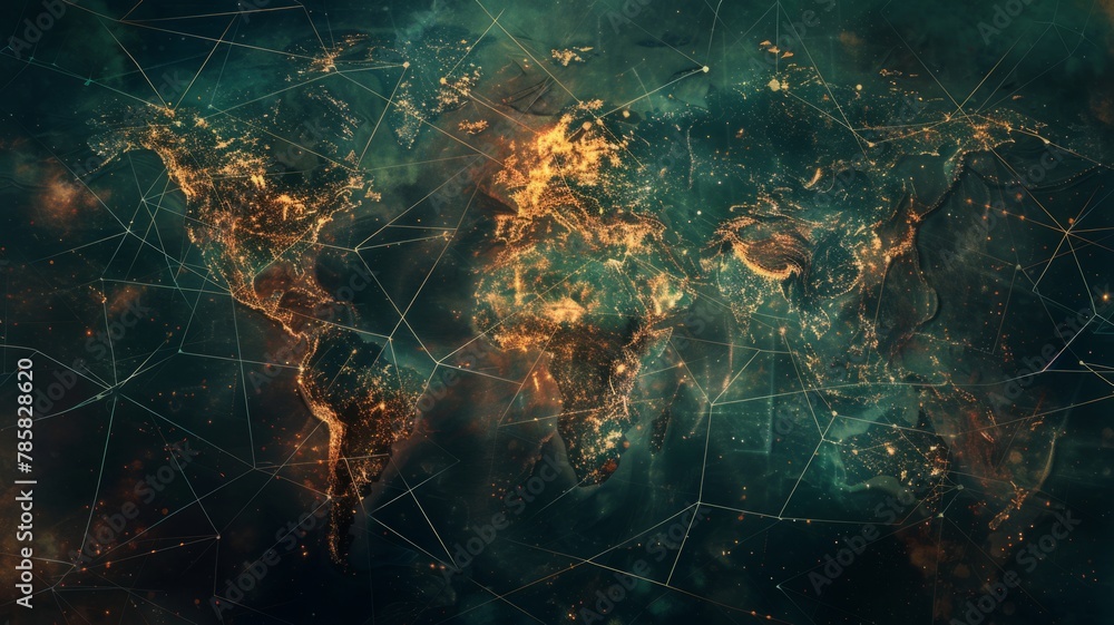 Digitally generated global network over Earth - Contemporary global network representation over an illustrated Earth depicting international connectivity and data exchange Digitally generated global network over Earth - Contemporary global network representation over an illustrated Earth depicting international connectivity and data exchange