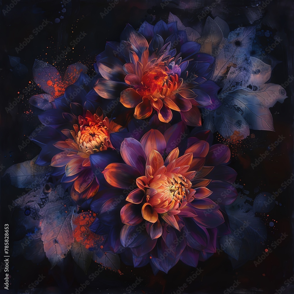 Overhead view of flowers depicting pastelcolored flames, deep contrast with dark background Overhead view of flowers depicting pastelcolored flames, deep contrast with dark background