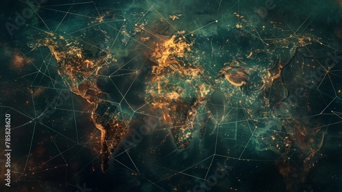 Digitally generated global network over Earth - Contemporary global network representation over an illustrated Earth depicting international connectivity and data exchange