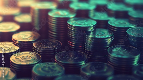 Stacks of cryptocurrency coins in moody lighting - Cryptocurrency concept with a moody close-up of various coin stacks photo