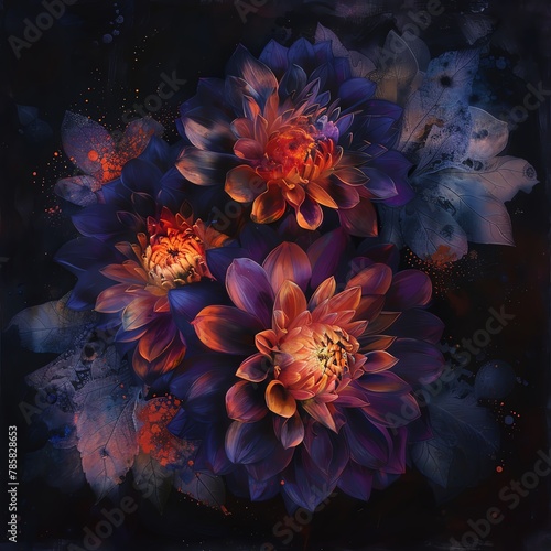 Overhead view of flowers depicting pastelcolored flames, deep contrast with dark background © Naraksad