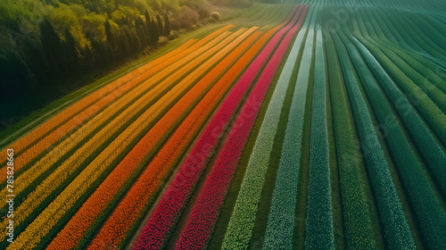 Floral Majesty from Above: A High-Resolution Aerial View of Lush Tulip Fields