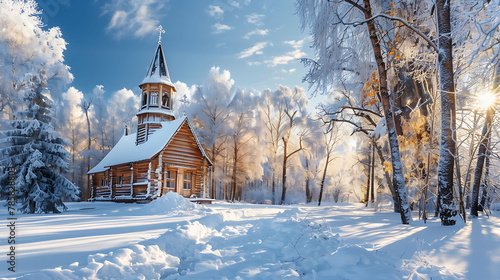 Beautiful scenery with a wooden church in a winter forest surrounded by frozen and covered snow trees in a frosty sunny day in Russia