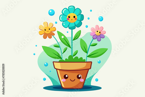 A charming cartoon pot flower adorned with vibrant blooms sits gracefully.