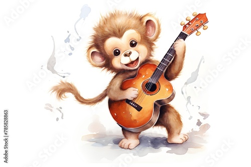 Cute monkey with guitar isolated on white background. Watercolor illustration