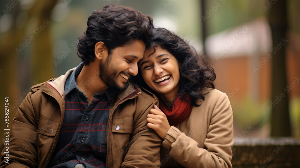 Happy young couple in love embracing and smiling while sitting on a bench in the park Happy young couple in love embracing and smiling while sitting on a bench in the park