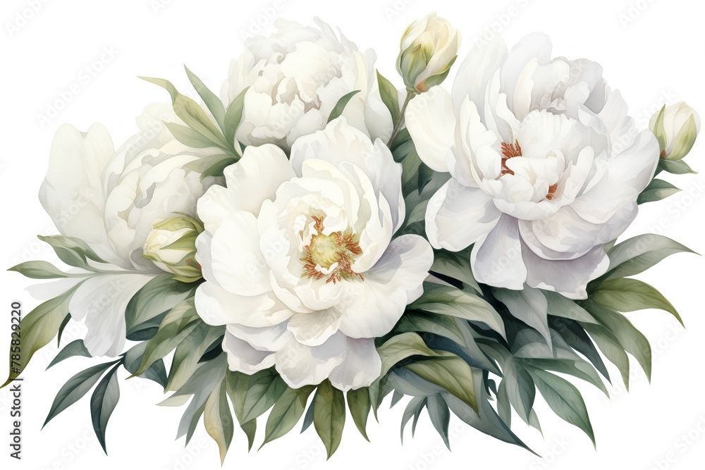 White peony flowers bouquet isolated on white background. Watercolor illustration. White peony flowers bouquet isolated on white background. Watercolor illustration.