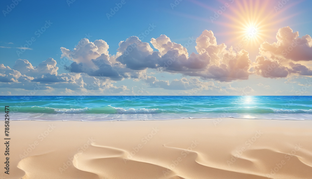 A beautiful beach scene with a sandy shore, a body of water, and the sun shining brightly in the sky.