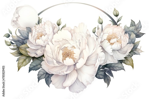 Fototapeta Naklejka Na Ścianę i Meble -  White peony flowers in a wreath on a white background.