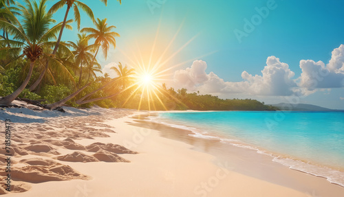 A beautiful tropical beach scene with a clear blue ocean, white sand, palm trees, and the sun shining brightly in the sky.