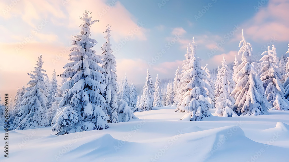 Impressive winter morning in the Carpathian mountains with snow covered fir trees. Colorful outdoor scene, Happy New Year celebration concept.