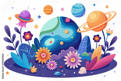 Space cartoon character with charming flowers on a white background