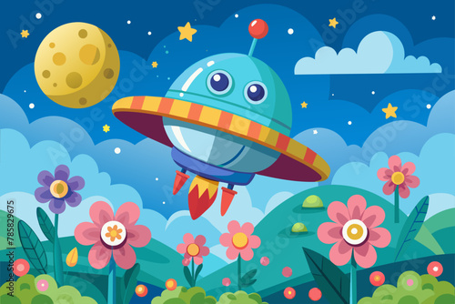 A charming spaceship soars through a blue sky adorned with vibrant flowers.