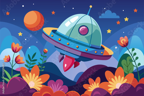 A charming cartoon spaceship soars through a sky adorned with cheerful flowers.