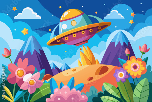 A charming cartoon spaceship soars through the sky, adorned with blooming flowers.