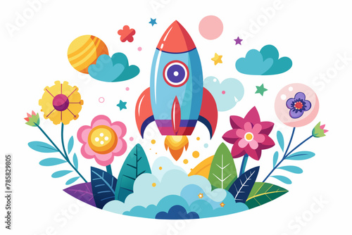 A charming rocket bursts through the sky adorned with vibrant flowers against a pristine white backdrop.