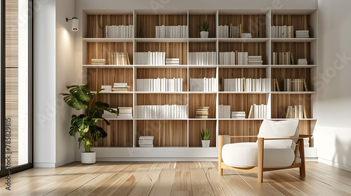 Interior of a large modern living room or home library with white and wooden walls, wooden floor, comfortable armchairs and bookshelves photo
