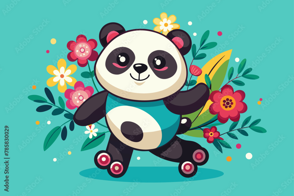 A charming panda wearing rollerblades glides along a cartoonish road adorned with colorful flowers.