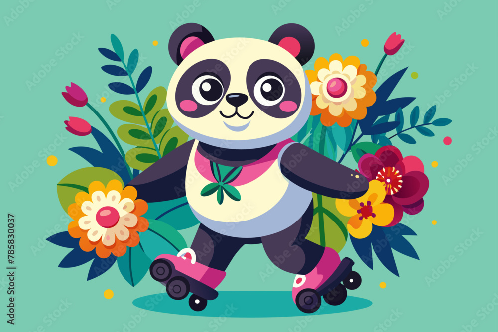 A charming panda rollerblades down a road, accompanied by a cute little flo.