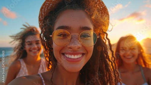 Cheerful girls in summer clothes taking a selfie on the beach against beautiful sunset.