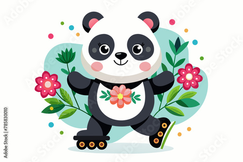 A charming panda rollerblades down a road, accompanied by a cute little flo.