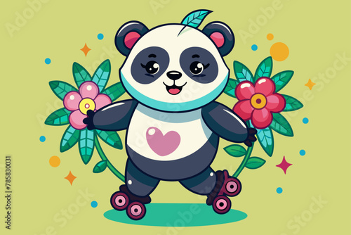 A charming panda rollerblades down a road, accompanied by a cute little flo.
