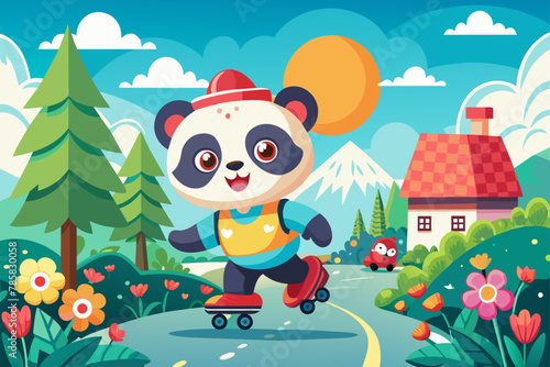 A charming cartoon panda wearing rollerblades and flo's on a paved road.
