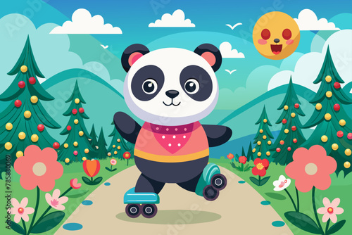 Charming panda rollerblading on a vibrant road with Flo from the Progressive commercials.