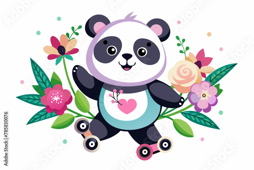Charming panda on rollerblades skating down a colorful cartoon road with a smiling Flo