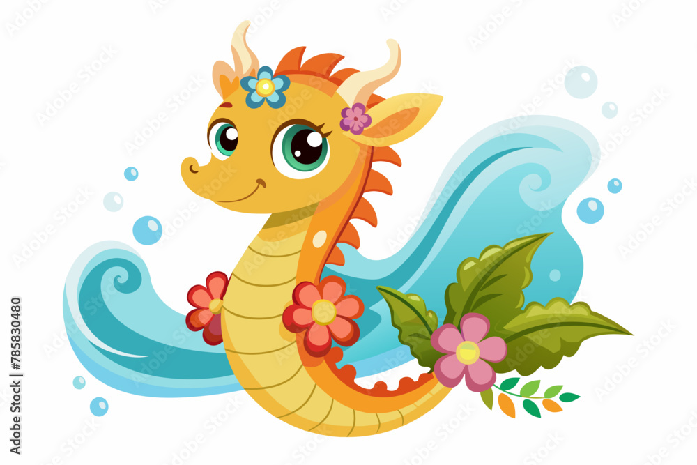 Fototapeta premium A charming cartoon seahorse adorned with vibrant flowers.