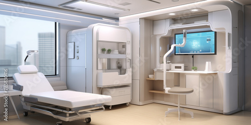 A hospital room with equipment and advanced technology.