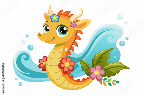 A charming cartoon seahorse adorned with vibrant flowers.
