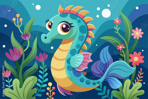 Charming seahorse cartoon adorned with vibrant flowers