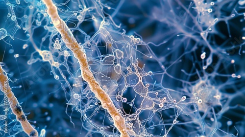 Contrastenhanced microscopic image of hyphae extending through decomposing organic matter emphasizing their important role in the photo