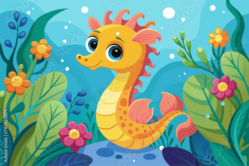 Charming cartoon seahorse with colorful flowers adorns its body.