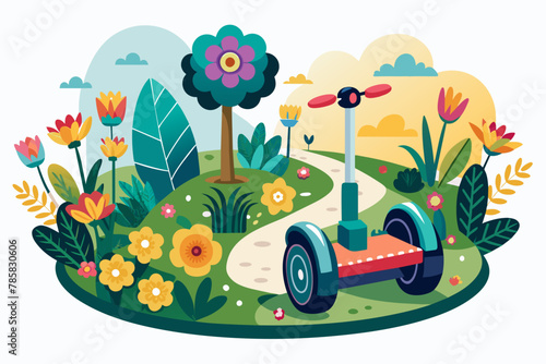 A charming cartoon-style image of a Segway decorated with flowers, rolling down a road.