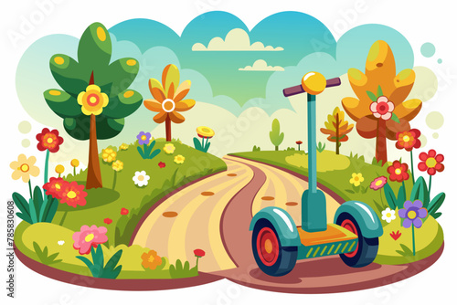 Charming cartoon segway road with blooming flowers.