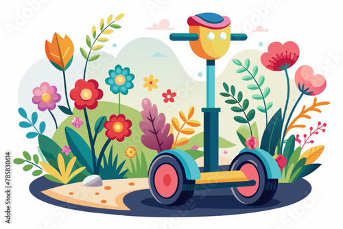 A charming cartoon segway road with flowers decorates its path.
