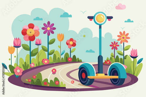 Charming cartoon segway road with blooming flowers.