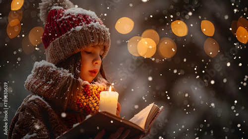 A children caroler holding a candle and book, singing a carol song on Christmas day. photo