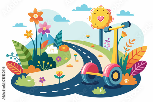 A charming cartoon-style image of a Segway decorated with flowers, rolling down a road.