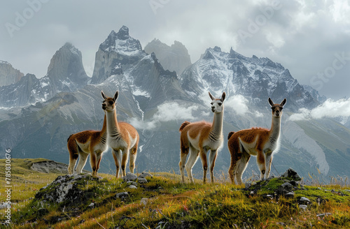 Guanacos at an angle, a family group standing on a grassy hillside in Patagonia with blue mountains and trees behind them