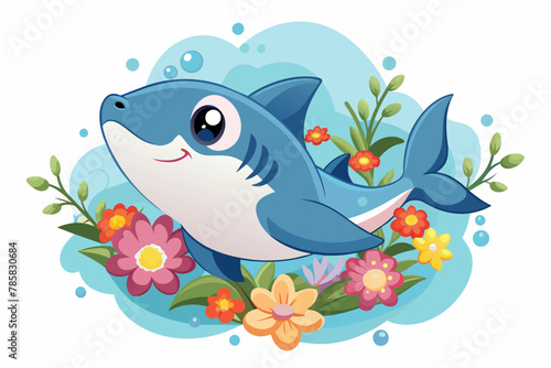 The charming shark cartoon wears flowers on its head and smiles broadly.