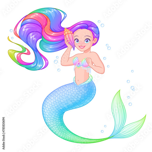 Beautiful mermaid with rainbow hair holding a seashell. Hand drawn vector illustration not AI.