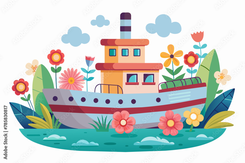 Charming ship cartoon character carrying a bouquet of flowers on a white background