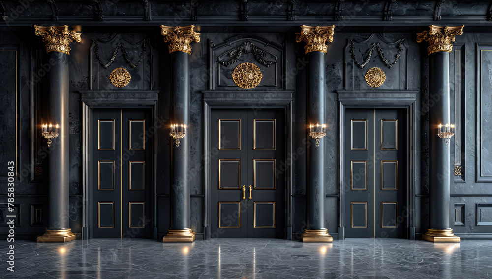 © Creative Stock  - Dark grey marble wall with golden gilded accents, a tall door and columns with ornate sconces. Created with Ai